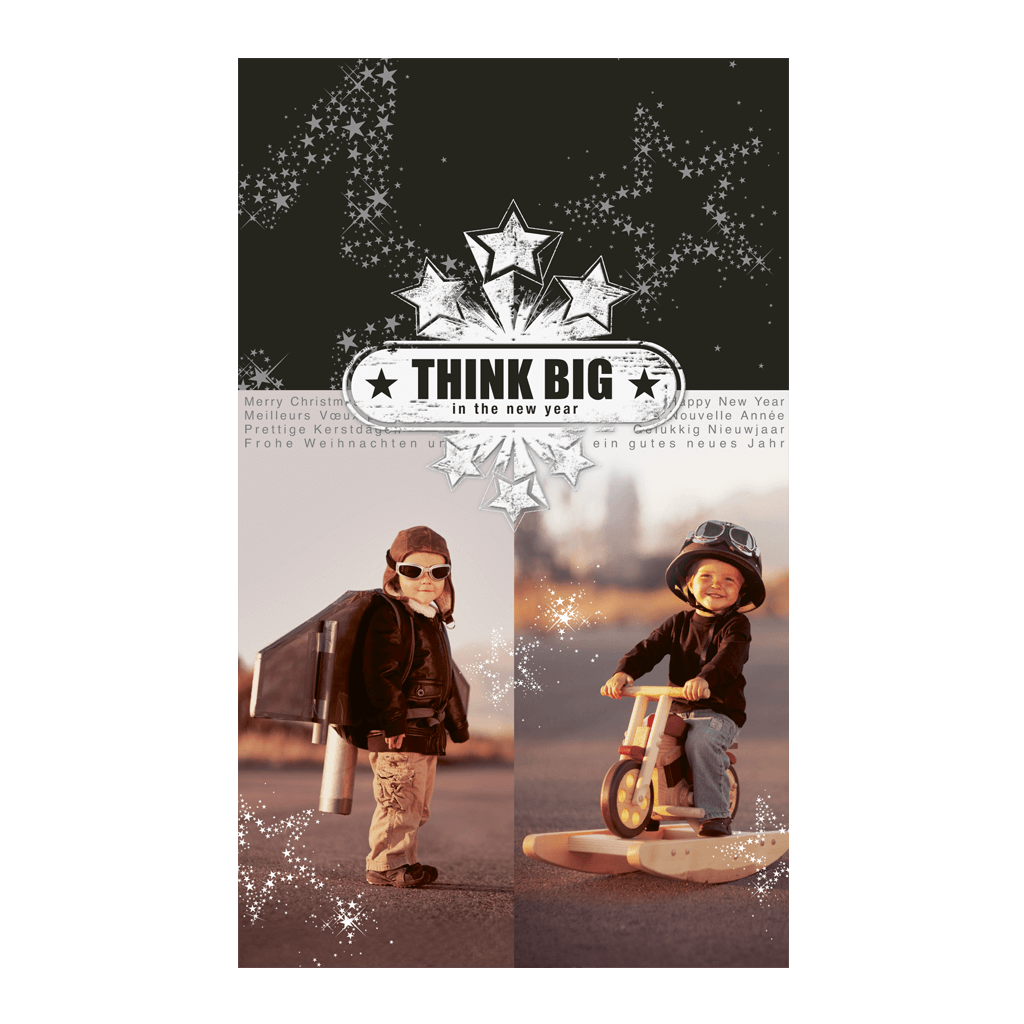 Lustige Weihnachtskarte "Think Big in the new year" mit fröhlichen Kindern und Grüßen