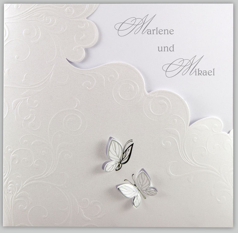 Hochzeitskarte perlmutt metallic mit silbernen Schmetterlingen