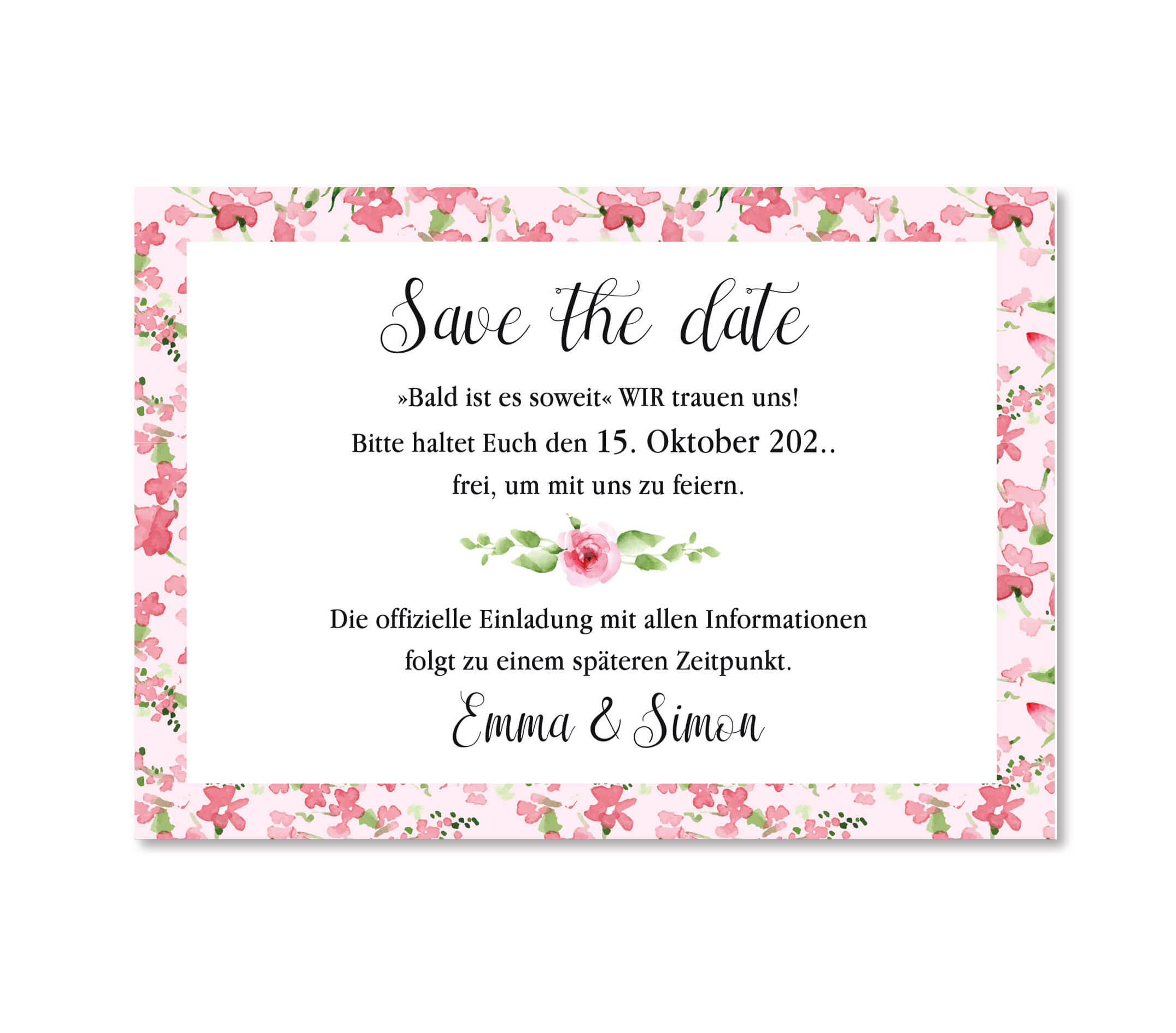 Romantische Save the Date Karte mit floralem Design in zartem rosa