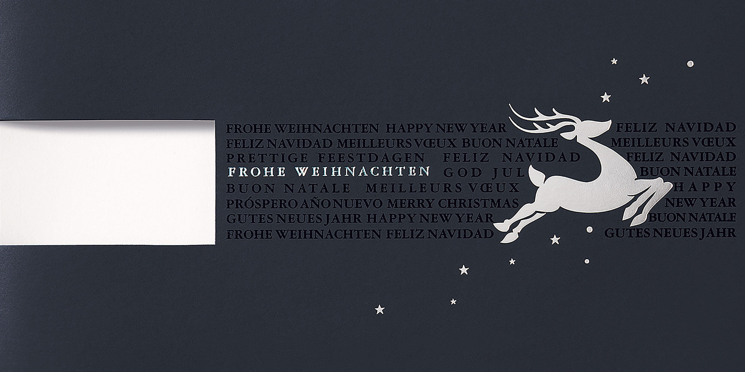 Mehrsprachige Logo-Weihnachtskarte in blau mit Hirsch und Sternen in Silberfolienprägung