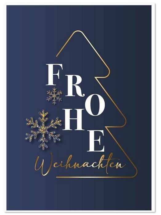 Blaue Weihnachtskarte mit Baum, Eiskristallen und dem Schriftzug "Frohe Weihnachten"