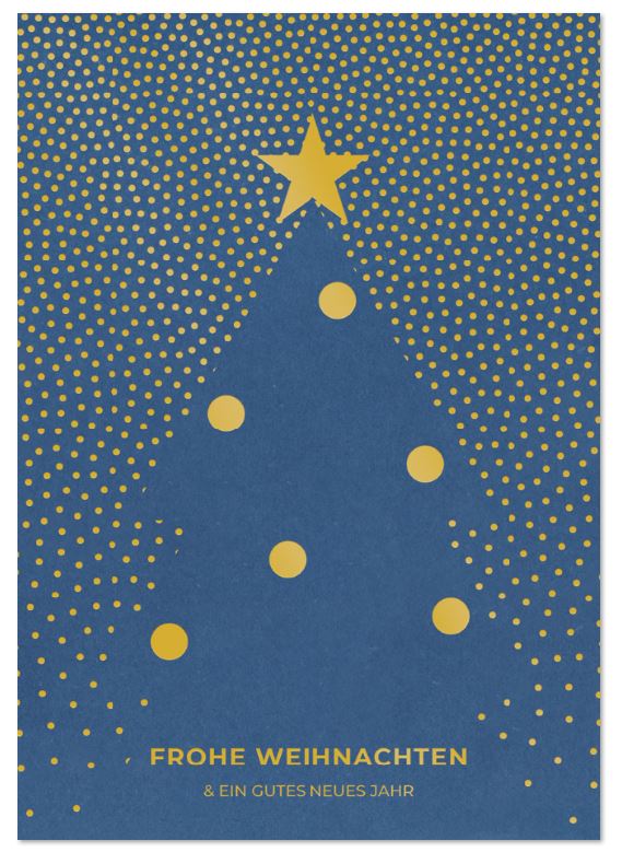 Blaue Weihnachtskarte mit Baumsilhouette und goldenem Stern sowie Spendenanteil für Deutsche Kinderkrebs-Stiftung