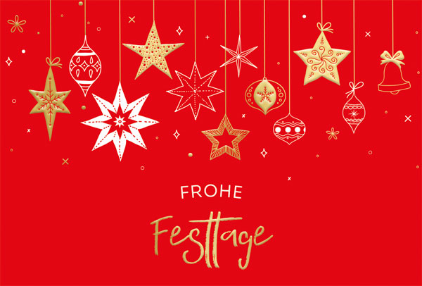 Rote Weihnachtskarte mit samtiger Soft-Touch-Oberflächenveredelung und Goldfolienprägung