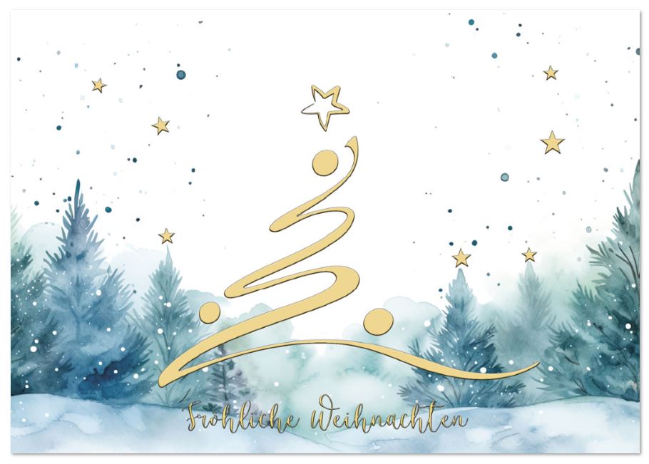 Weihnachtliche Spendenkarte für die Deutsche Kinderkrebs-Stiftung mit Tannenwald, goldenem Baum und Gruß