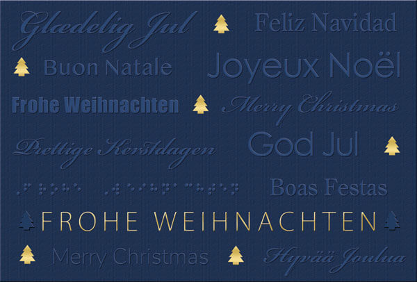 Internationale Weihnachtskarte dunkelblau mit goldenen Bäumen und Grüßen in Blindprägung