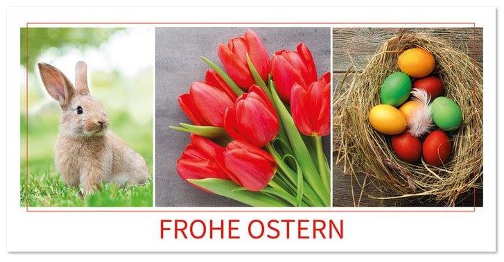 Ostergrußkarte mit kleinem Häschen, roten Tulpen und bunten Eiern im Nest, DIN lang