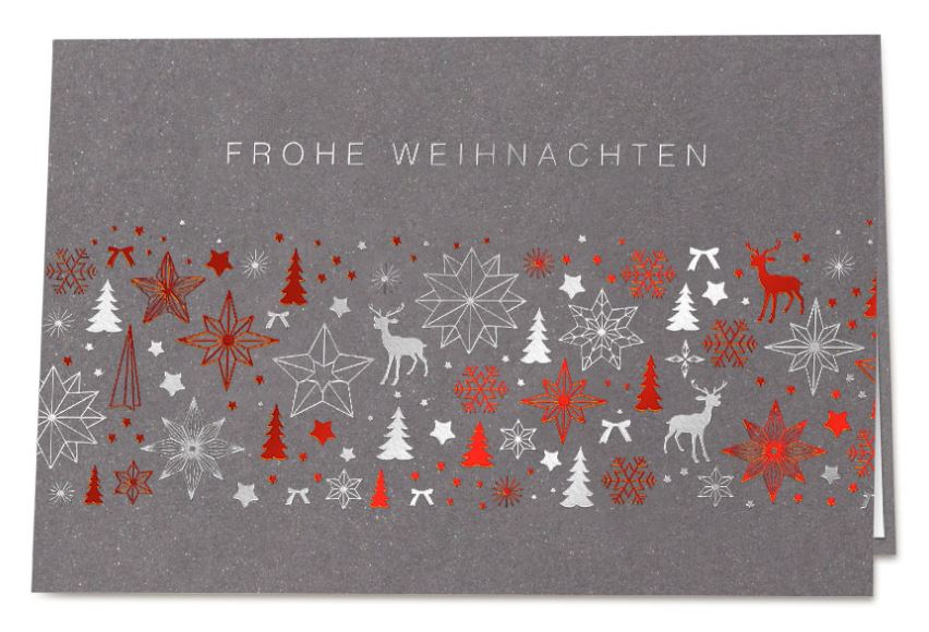 Anthrazitfarbene Weihnachtskarte mit Rot- und Silberfolienprägung sowie "Frohe Weihnachten"