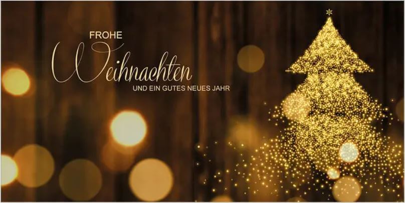 Funkelnde Weihnachtskarte in braun mit glitzerndem Weihnachtsbaum, Lichtern und Gruß