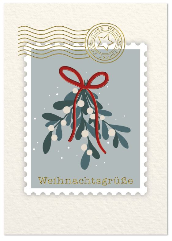 Spendenweihnachtskarte mit Mispelzweig auf einer Briefmarke sowie Stempel zugunsten der Deutschen Kinderkrebs-Stiftung