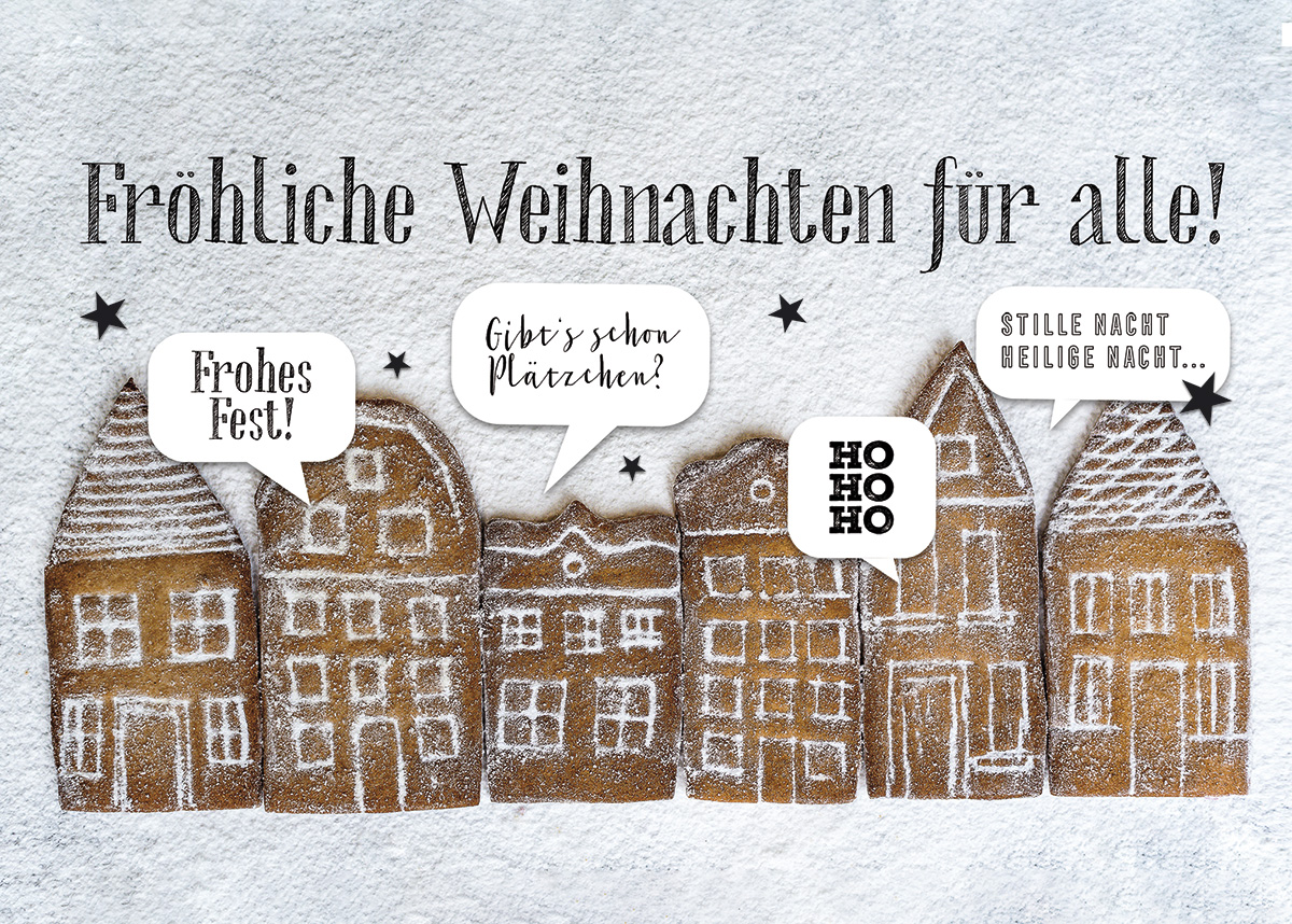 Humorvolle Weihnachtskarte mit Lebkuchen-Häuserzeile und "Fröhliche Weihnachten für alle!"