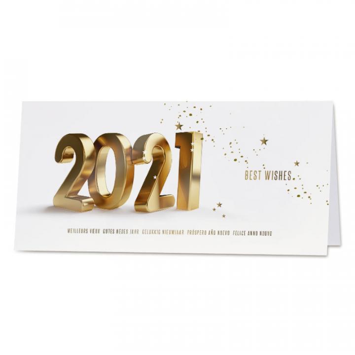 Internationale Neujahrskarte "Best Wishes" mit Jahreszahl 2021 in weiß und gold, DIN lang