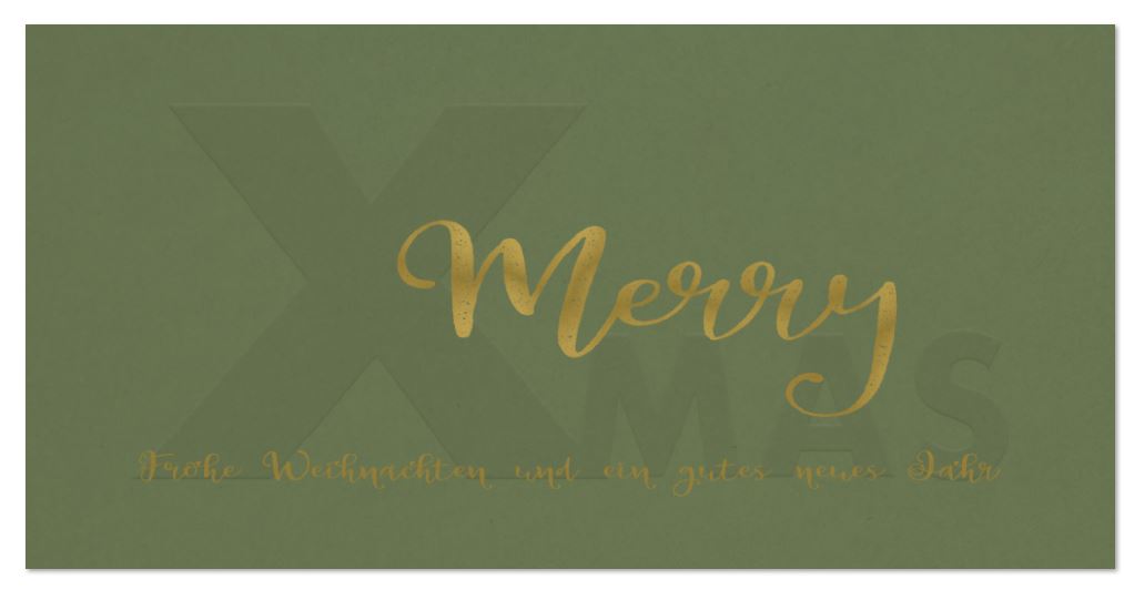 Grüne Weihnachtskarte "Merry Xmas" mit goldener Folienprägung im DIN lang Format