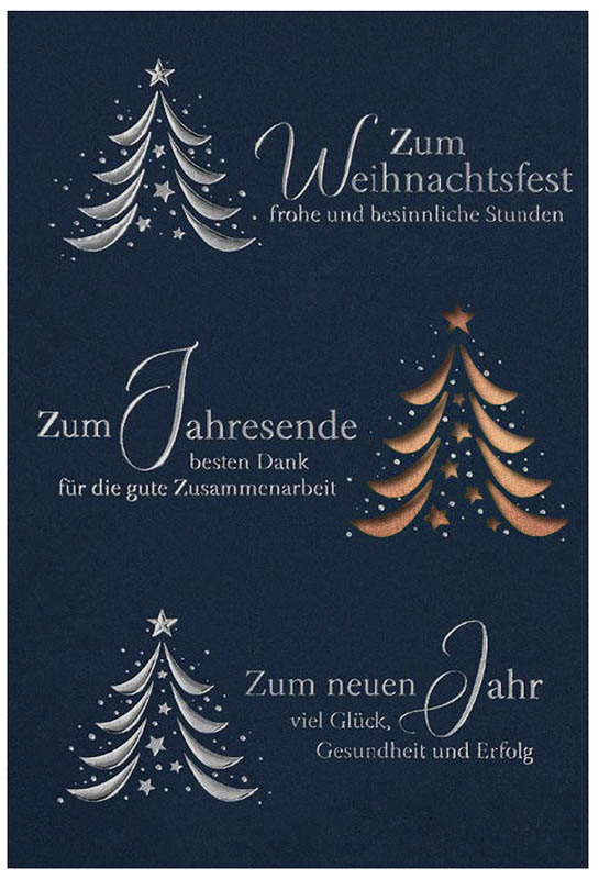 Firmen-Weihnachtskarte in blau mit Laserstanzung, Silberfoliendruck und Einleger in kupfer