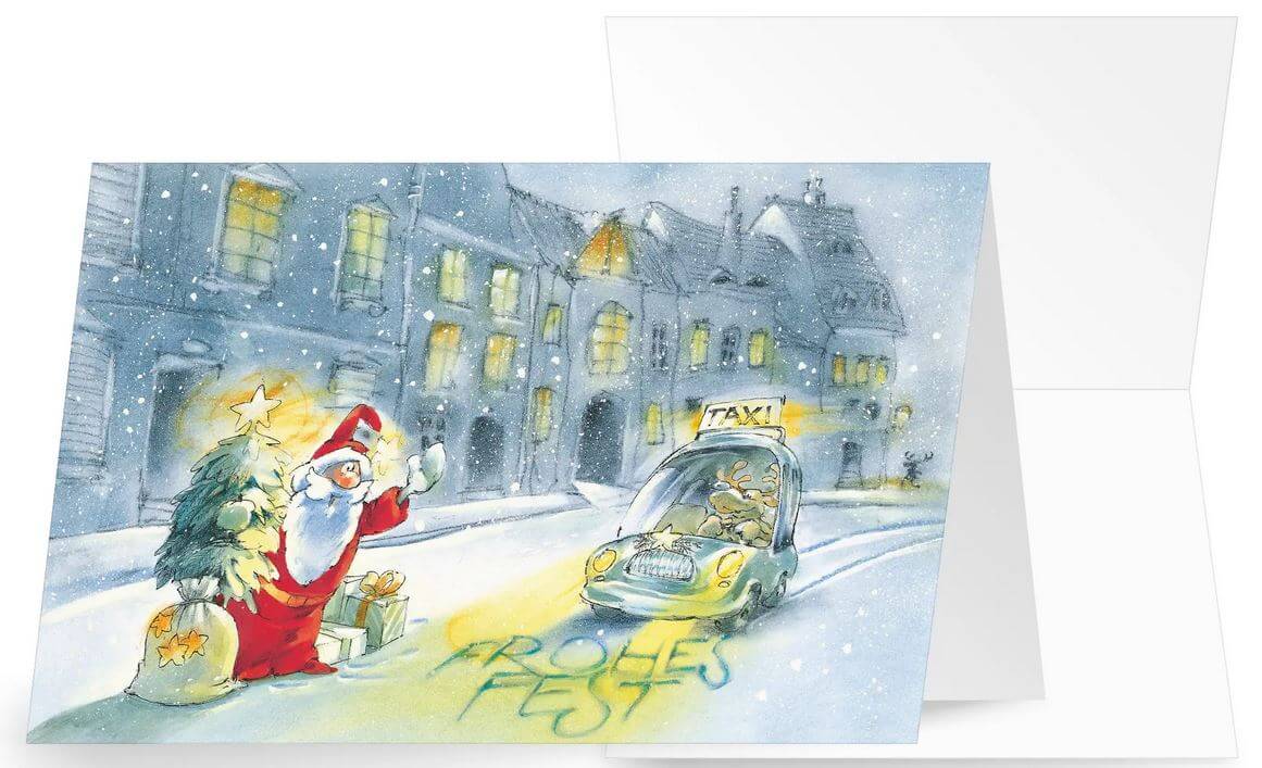 Fröhliche Branchenkarte mit Weihnachtsmann und Taxi, geeignet für Taxiunternehmen