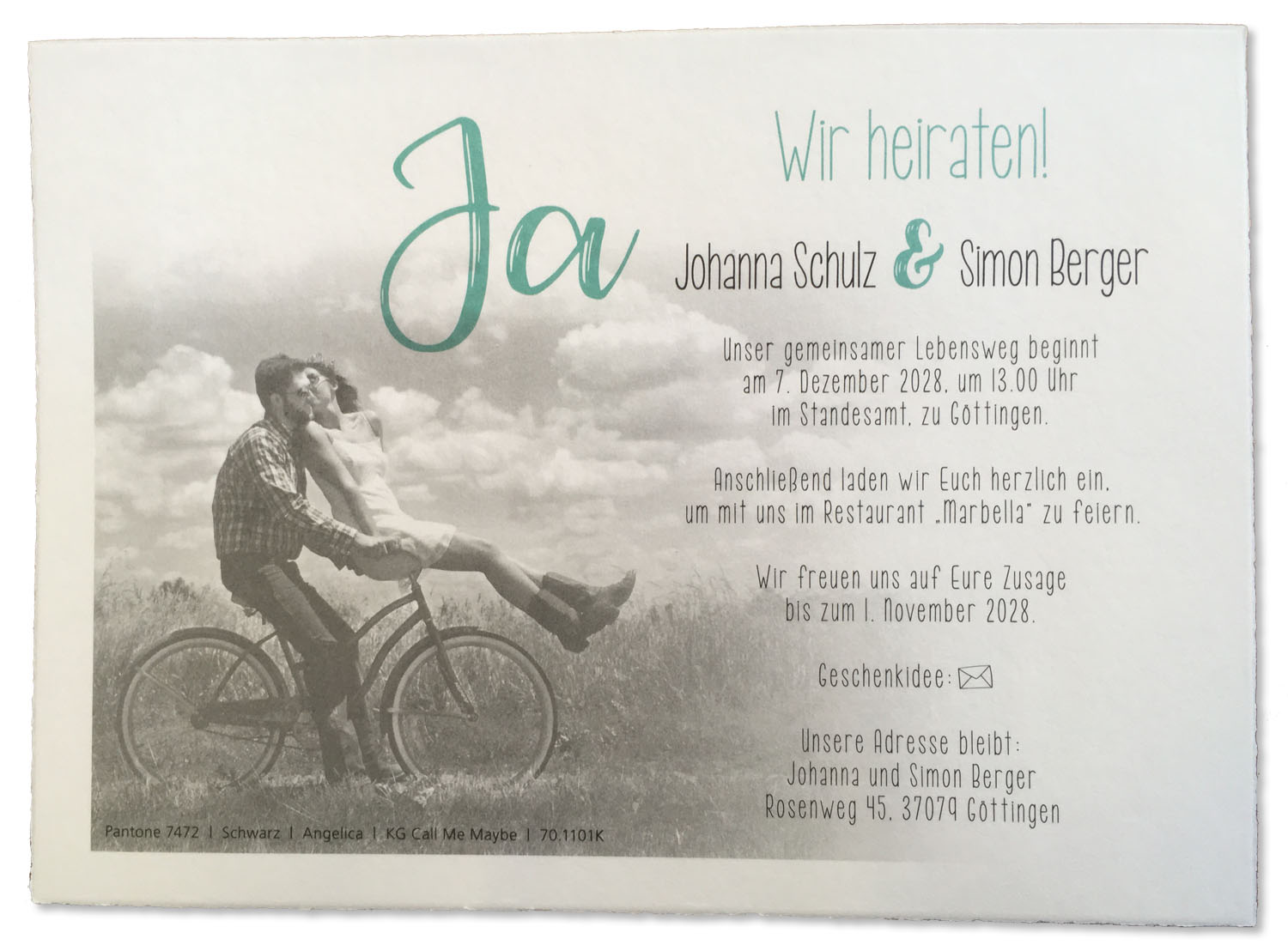 Büttenkarte im Beispiel als Hochzeitseinladung