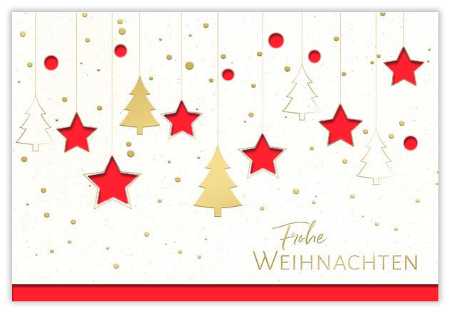 Naturweiße Weihnachtskarte mit Formstanzung Sterne, Goldfolienprägung und Einleger in rot