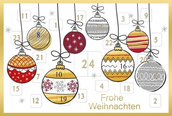 Adventskalenderkarte mit 24 Fenster zum Öffnen und Gruß "Frohe Weihnachten"