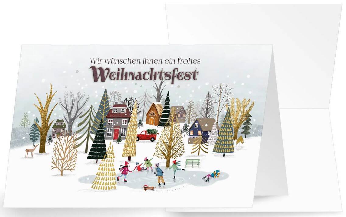 Winterliche Weihnachtskarte mit Kindern beim Schlittschuhfahren und Weihnachtsgruß