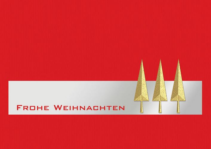 Rote Weihnachtskarte mit "Frohe Weihnachten" und goldenen Weihnachtsbäumen, inkl. Einlegeblatt