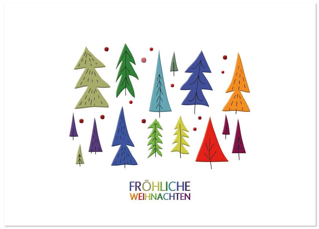 Farbenfrohe Weihnachtskarte "Fröhliche Weihnachten" mit Gutem Zweck: Deutsche Kinderkrebsstiftung