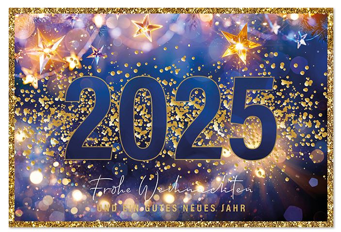 Moderne Weihnachtskarte mit Jahreszahl 2025 und weihnachtlichen Grüßen in blau und gold