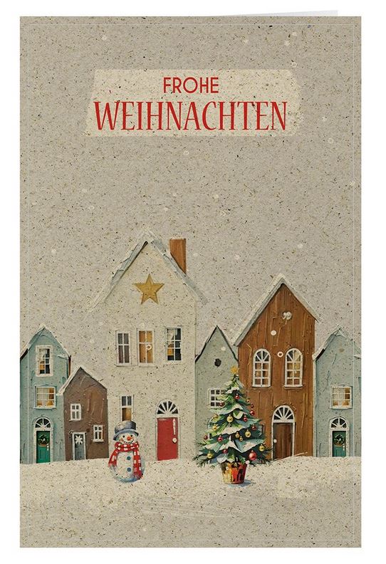 Winterliche Weihnachtskarte mit Schneemann, Weihnachtsbaum und Häuserzeile aus Graspapierkarton