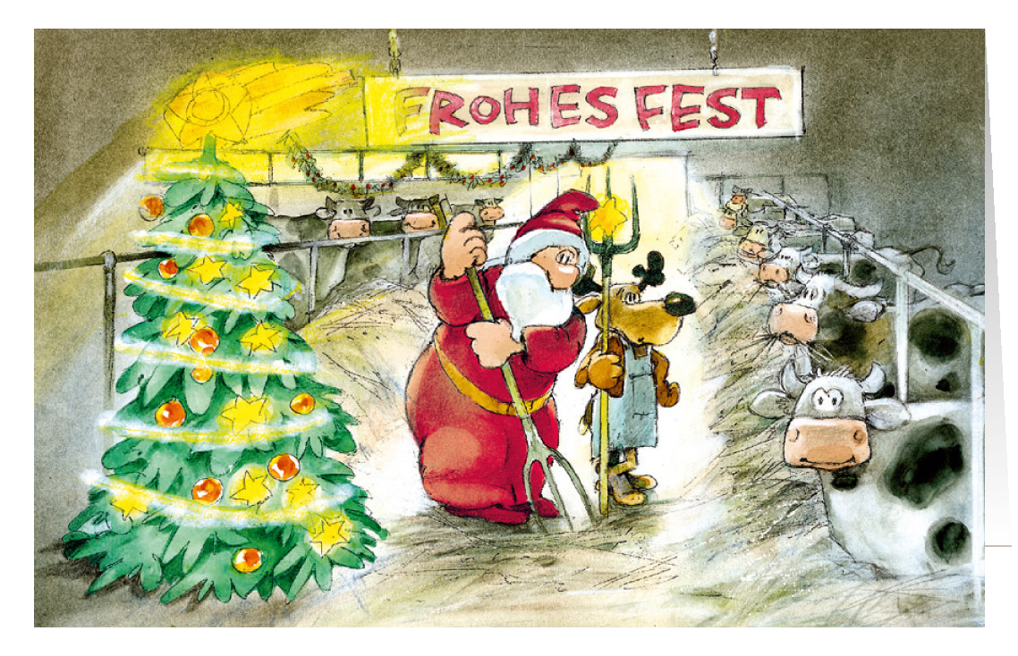 Weihnachtskarte Branchenkarte Agrar Landwirtschaft Bauernhof mit Kuhstall