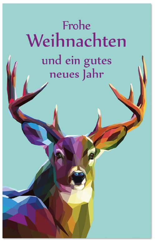 Bunte Weihnachtskarte mit Weihnachtsgruß und prächtigem Hirsch im Hochformat