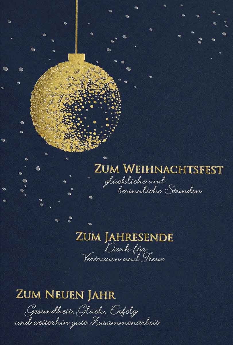 Firmen-Weihnachtskarte in blau und gold mit geschäftlichem Gruß und Dank für Vertrauen