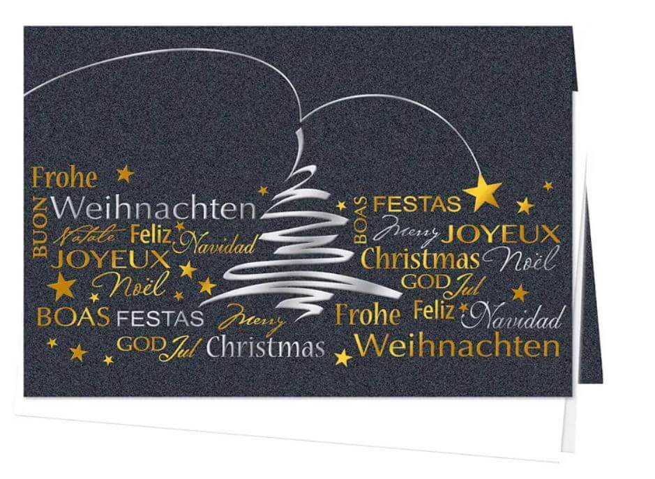 Mehrsprachige Weihnachtskarte mit Prägung in anthrazit-metallic, abstrakter Baum und Sterne