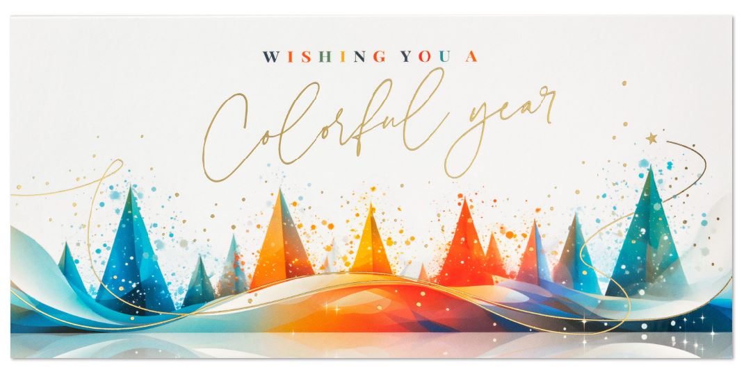 Moderne Spenden-Neujahrskarte für die Deutsche Krebshilfe mit "Wishing you a colorful year"