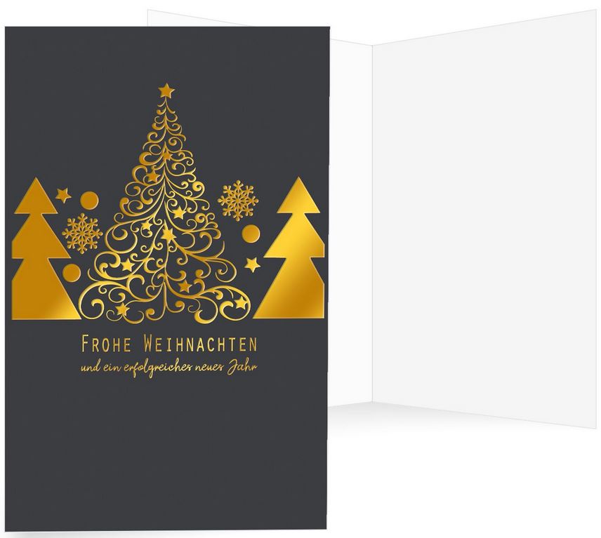 Elegante Weihnachtskarte in grau und gold mit Firmenweihnachtsgrüßen und ornamentverziertem Baum