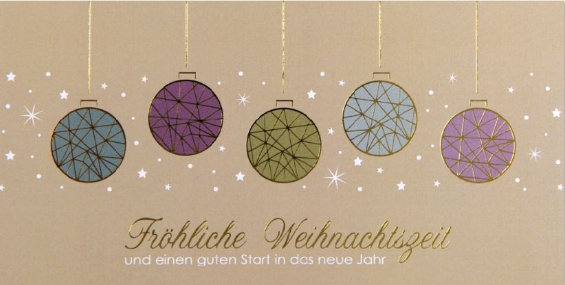 Preisgünstige Weihnachtskarte mit bunten Weihnachtskugeln und "Fröhliche Weihnachtszeit"