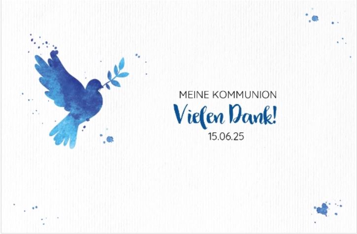 Vorderseite Dankkarte Kommunion in weiß und blau mit Taube, Ölzweig und "Vielen Dank!"