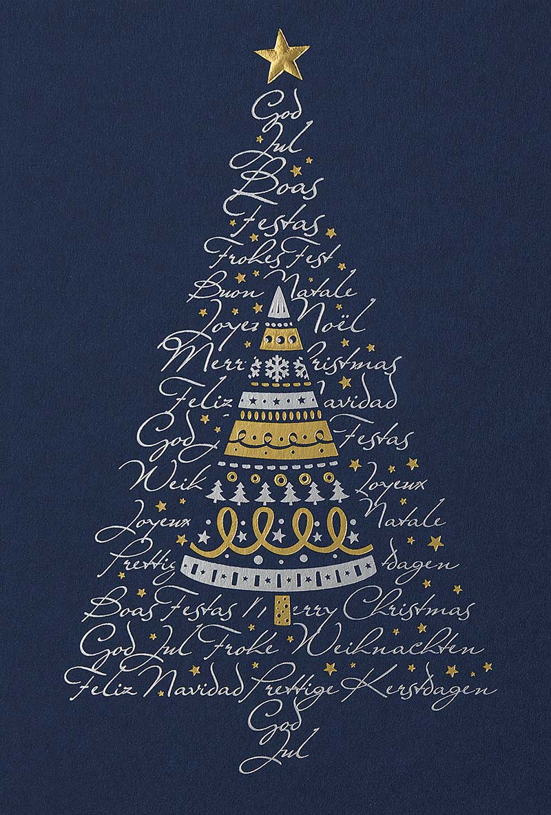 Mehrsprachige, dunkelblaue Weihnachtskarte mit kalligrafischem Schriftzug "Frohe Weihnachten" und grafischem Weihnachtsbaum in Gold- und Silberfolienprägung