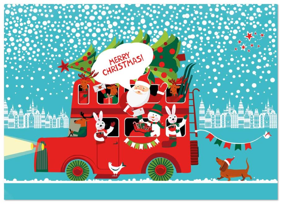 Humorvolle Weihnachtskarte "Tierparade" mit englischem Weihnachtsgruß und Weihnachtsmann in rotem Bus