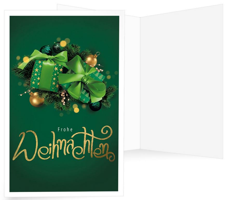 Grüne Weihnachtskarte mit kleinen Geschenken, Weihnachtskugeln und Gruß "Frohe Weihnachten"