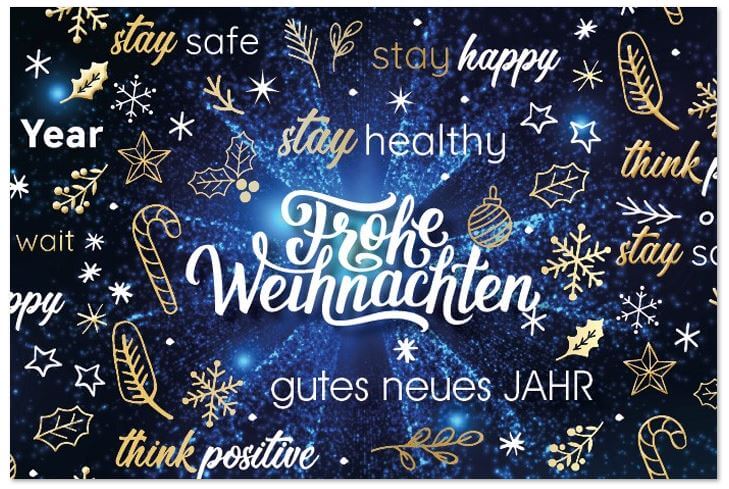 Blaue Weihnachtskarte mit guten Wünschen und Spendenanteil: Deutscher Kinderschutzbund e.V.