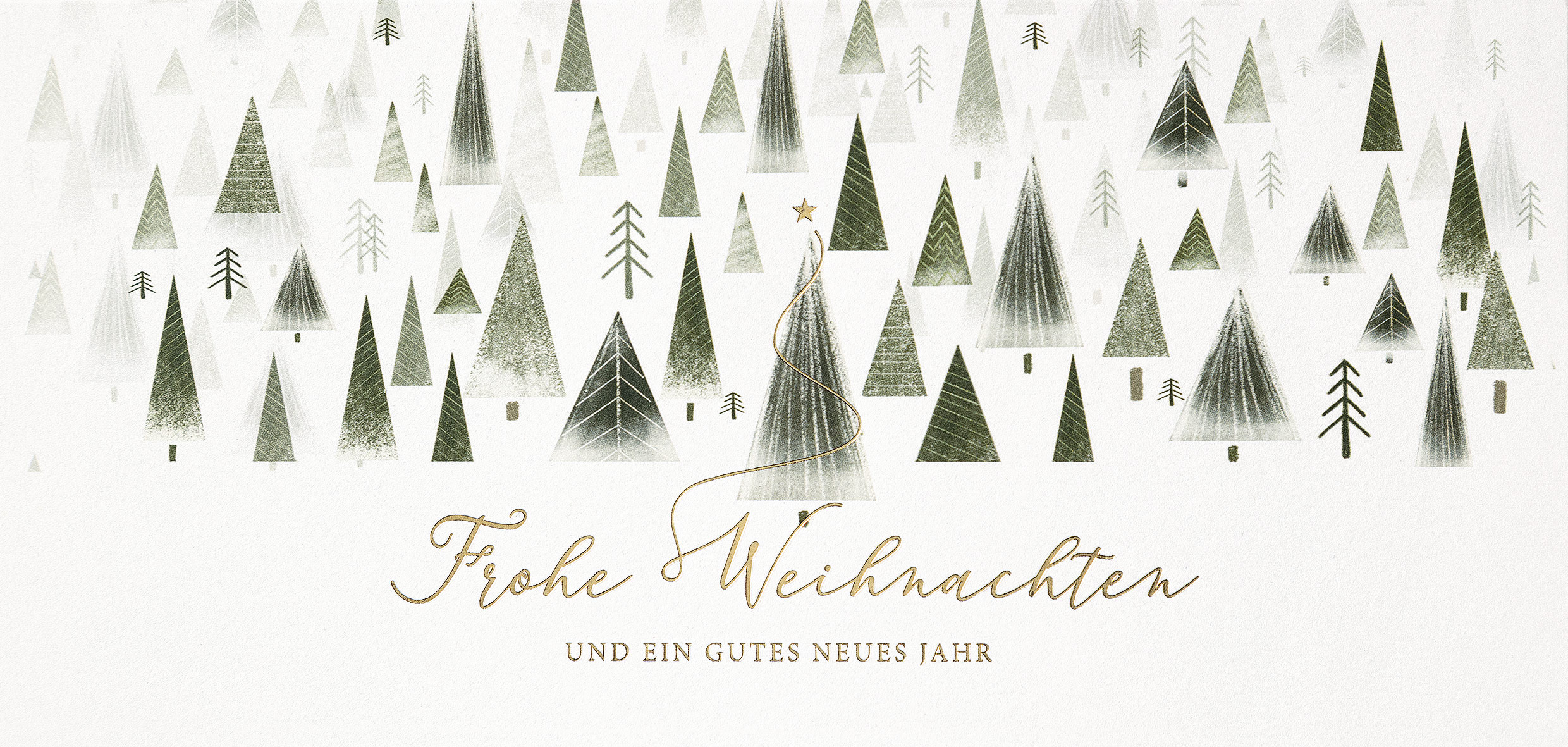 Weiße Weihnachtskarte mit goldenem Weihnachtsgruß und grünen Tannenbäumen, DIN lang