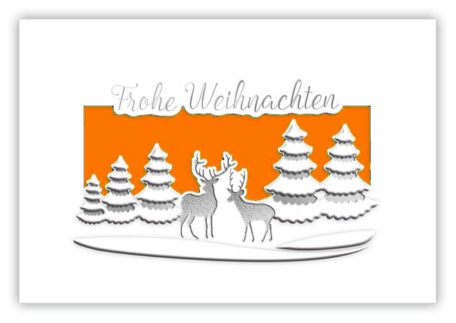 Weiße Weihnachtskarte mit Silberfolienprägung, Formstanzung und orangenem Einleger