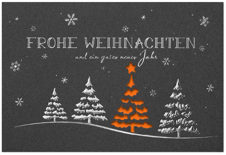 Edle Weihnachtskarte in anthrazit-metallic mit Silberprägung, Stanzung und orangenem Falteinleger