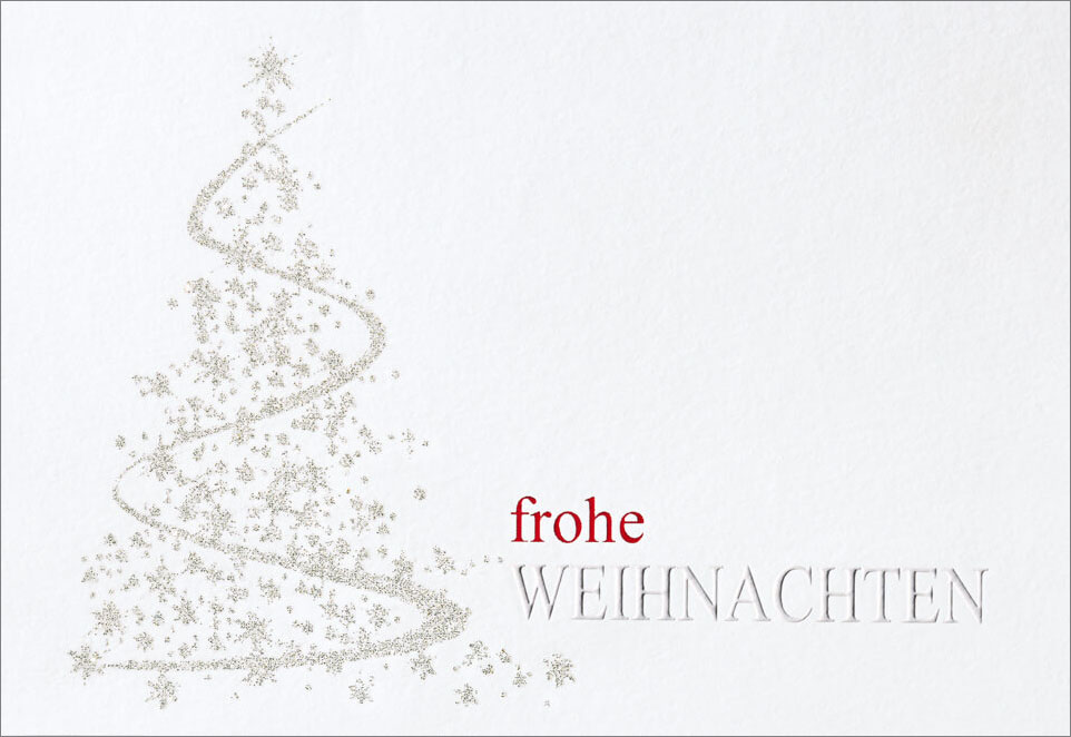 Weihnachtskarte weiß mit Schriftzug Frohe Weihnachten und Weihnachtsbaum aus Glitzereffektlack