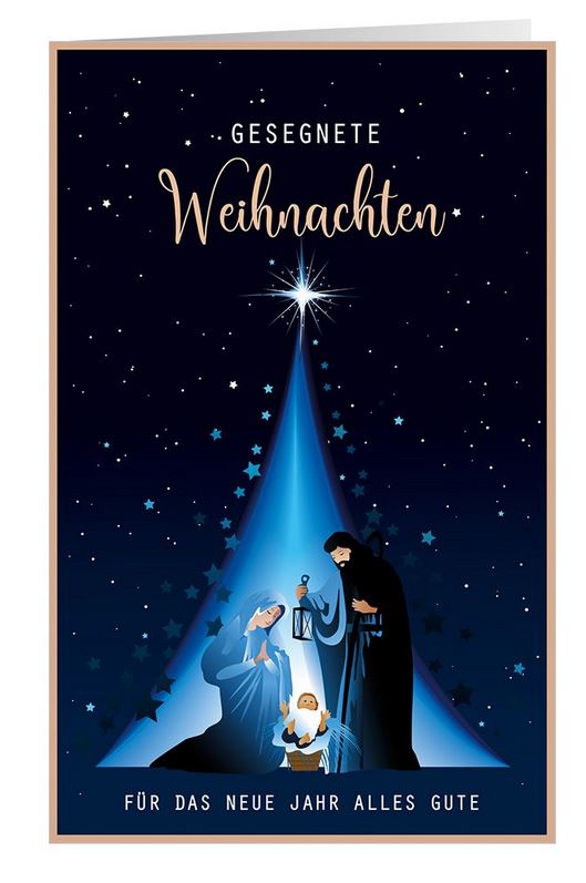 Weihnachtskarte mit christlichem Motiv von Maria, Josef und dem Christuskind unter dem Stern von Betlehem