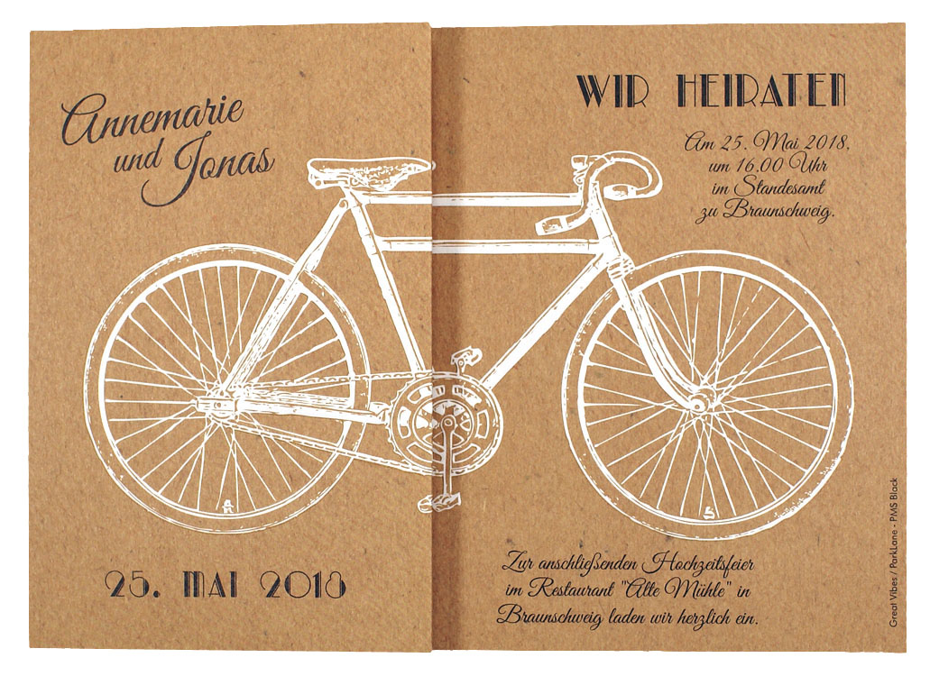 Hochzeitskarte braun mit weißem Fahrrad / Tandem