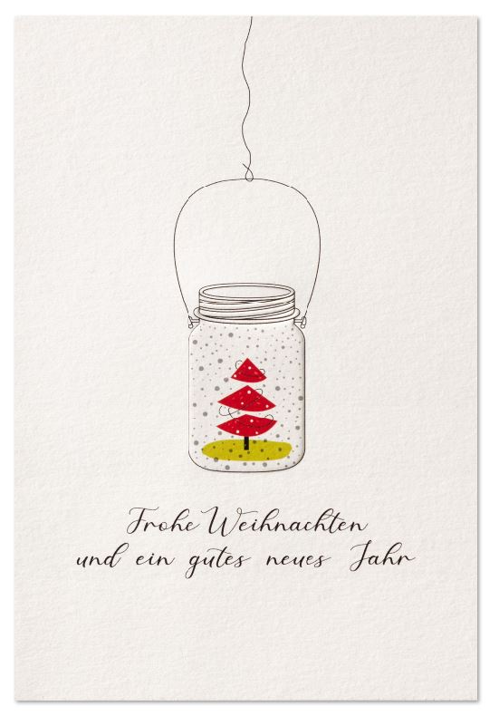 Humorvolle Weihnachtskarte mit rotem Weihnachtsbaum im Einmachglas und Weihnachtsgruß