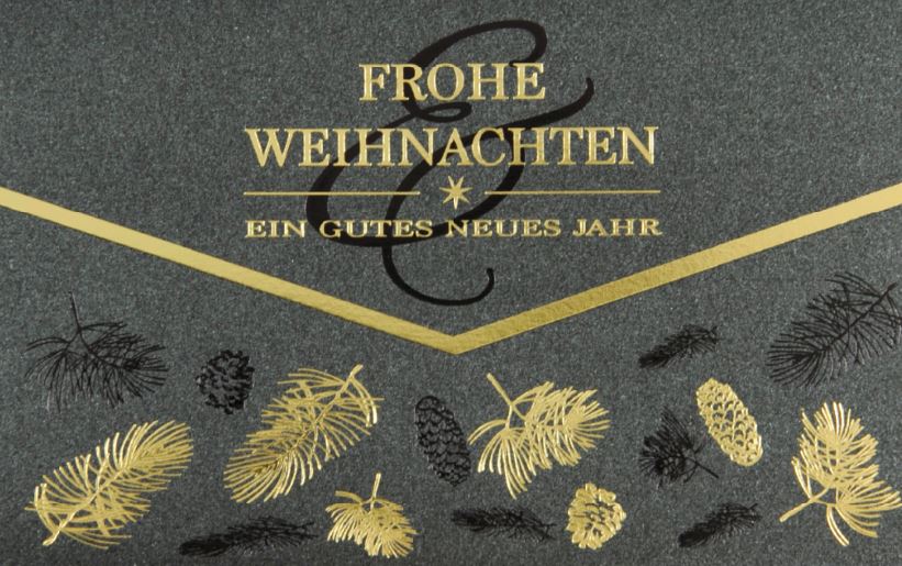 Anthrazitfarbene Weihnachtskarte im eleganten Stil mit Altarfalz und Goldfolienprägung, inkl. Einleger