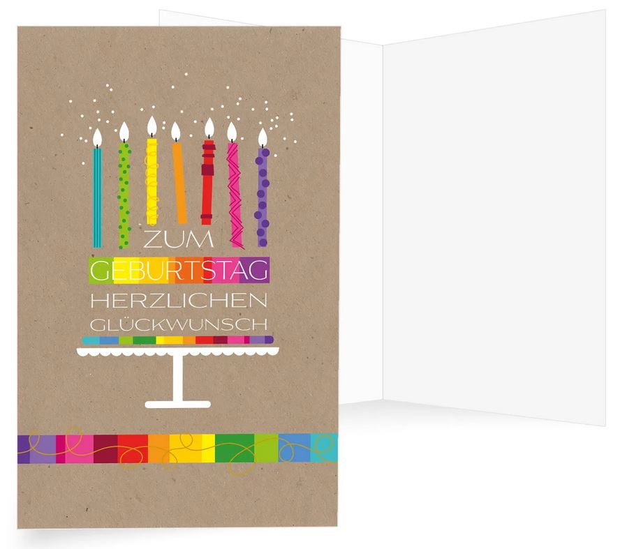 Knallig bunte Glückwunschkarte zum Geburtstag mit brennenden Geburtstagskerzen und Gruß