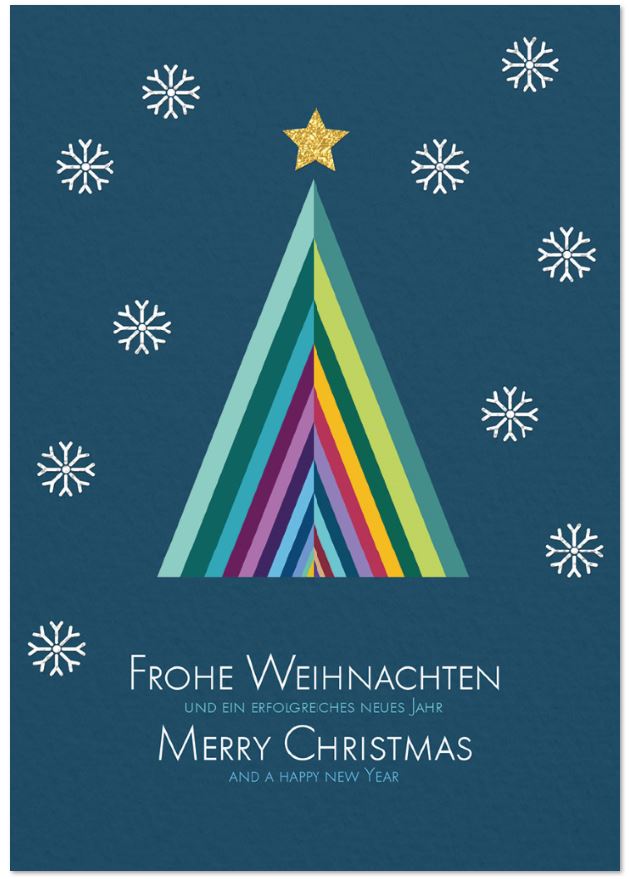 Farbenfrohe Firmenweihnachtskarte mit Regenbogenpyramide, Stern und Weihnachtsgruß