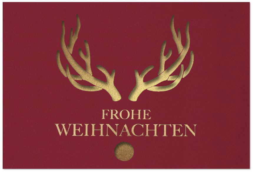 Rote Laser-Weihnachtskarte mit "Frohe Weihnachten" in gold und Einlegeblatt in gold