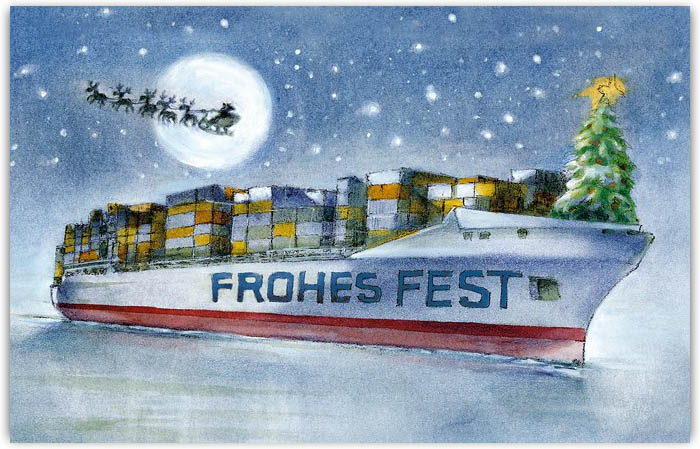 Lustige Branchenweihnachtskarte für Logistik, Schifffahrt und Containerdienstleistung